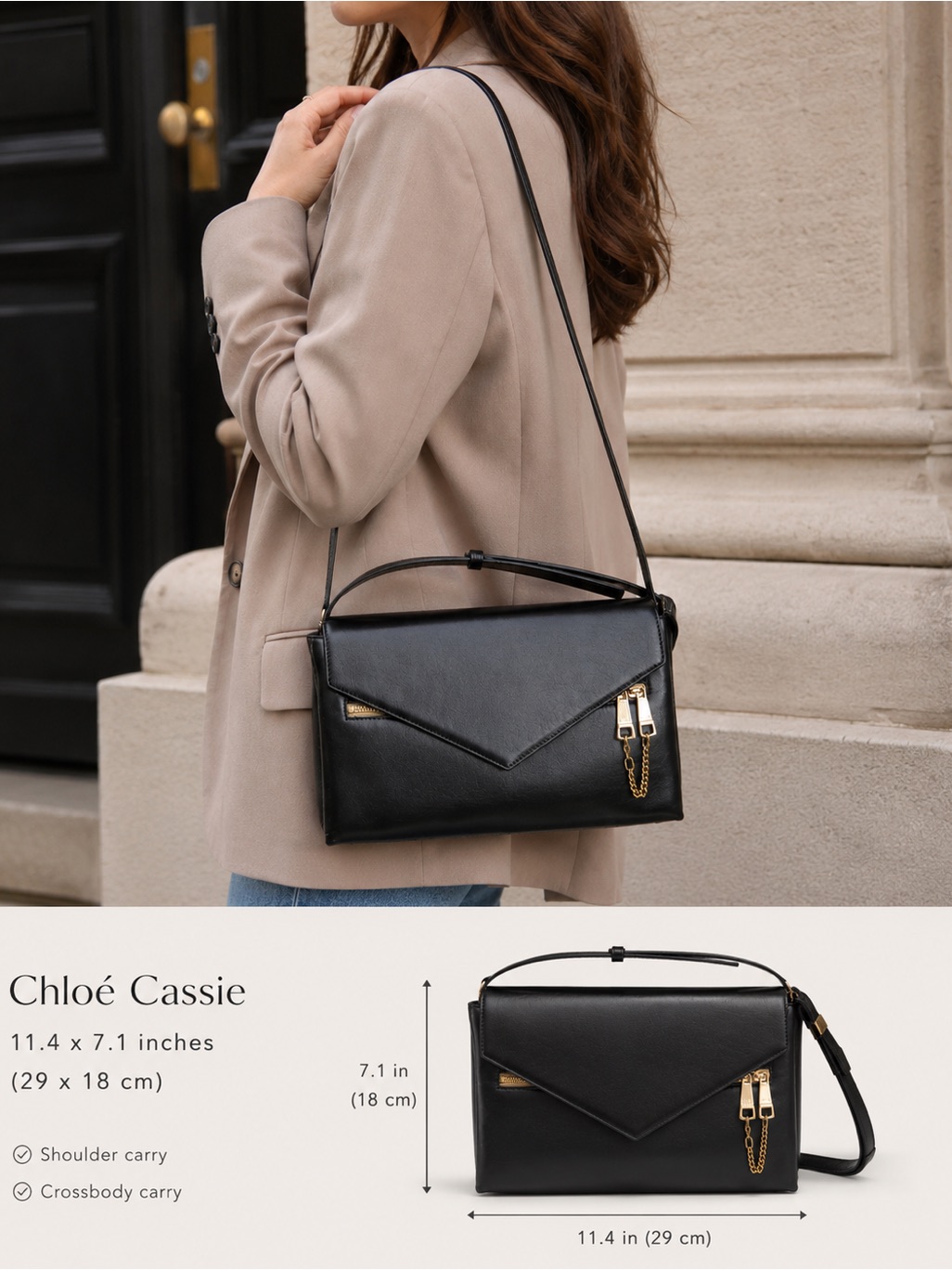 Chlo Cassie Shoulder Bag Authentic Black Leather Made In Italy